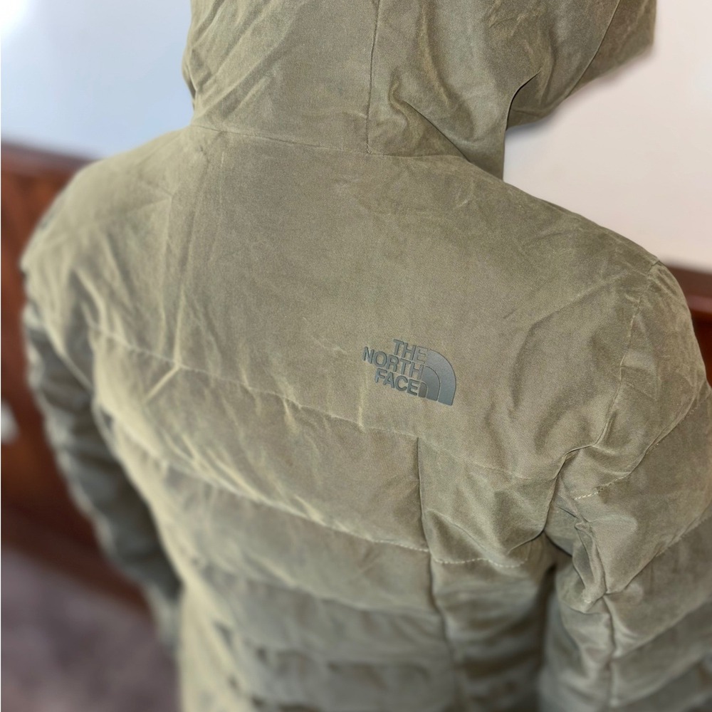 The North Face Womens Heavenly Down Jacket Burnt Olive Green Hooded Warm Small - Picture 8 of 16